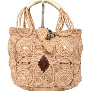 JAMIN PUECH Raffia Bag Tote Shoulder Tan Beige Brown Top Handle Beads Tie Square